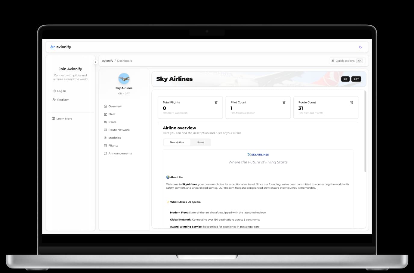 Avionify Dashboard - Main flight control interface showing real-time telemetry and statistics