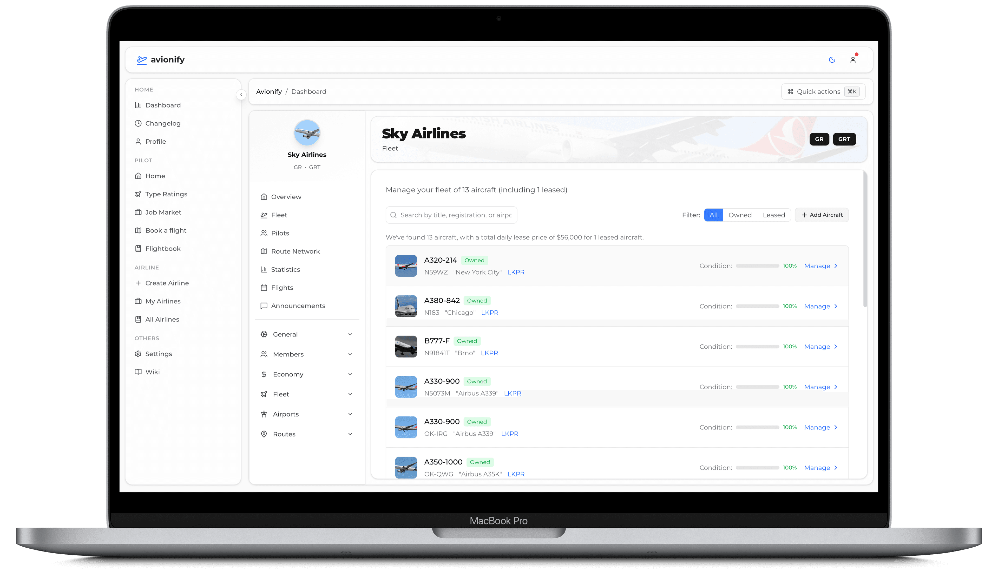 Avionify Fleet Management - Comprehensive aircraft inventory and management system